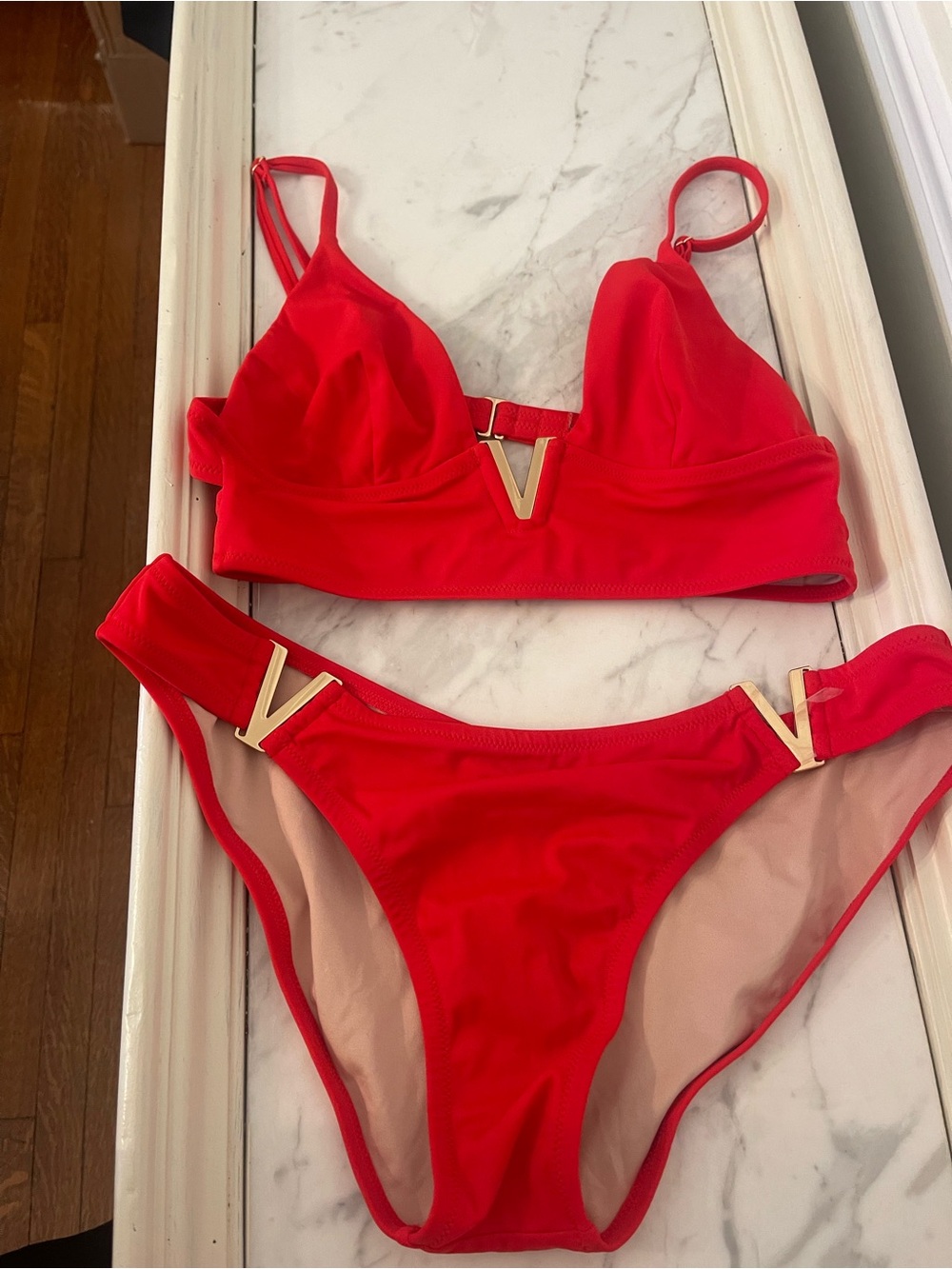 Victoria's Secret Red Two-Piece Bikini with Gold V Accents
